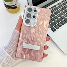 Per Samsung Galaxy S24 Ultra 5G Plating Glitter Texture Fold Holder TPU Custodia per telefono con pellicola per lenti (grinze rosa)