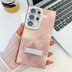 Per Samsung Galaxy S24 Ultra 5G Plating Glitter Texture Fold Holder Custodia per telefono in TPU con pellicola per lenti (Texture in stagnola rosa)