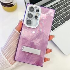 Per Samsung Galaxy S24 Ultra 5G Plating Glitter Texture Fold Holder Custodia per telefono in TPU con pellicola per lenti (Texture in stagnola viola)