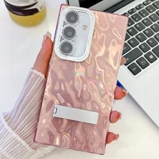 Per Samsung Galaxy S24+ 5G Placcatura Glitter Texture Fold Holder TPU Custodia per telefono con pellicola per lenti (Rosa Rughe)