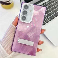 Per Samsung Galaxy S24+ 5G Plating Glitter Texture Fold Holder Custodia per telefono in TPU con pellicola per lenti (Texture in stagnola viola)