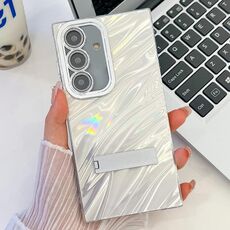 Per Samsung Galaxy S24 5G placcatura glitter texture pieghevole supporto TPU custodia per telefono con pellicola per lenti (increspature acqua bianca)