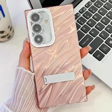 Per Samsung Galaxy S24 5G Placcatura Glitter Texture Fold Holder Custodia per telefono in TPU con pellicola per lenti (increspature dell'acqua rosa)