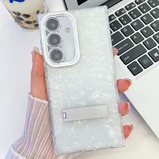 Per Samsung Galaxy S24 5G Custodia per telefono in TPU con supporto pieghevole con texture glitterata e pellicola per lenti (modello a conchiglia bianca)