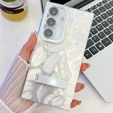 Per Samsung Galaxy S24 5G placcatura glitter texture pieghevole supporto TPU custodia per telefono con pellicola per lenti (piume bianche)