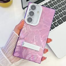 Per Samsung Galaxy S24 5G placcatura glitter texture pieghevole supporto TPU custodia per telefono con pellicola per lenti (piume viola)