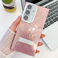 Per Samsung Galaxy S24 5G placcatura glitter texture pieghevole supporto TPU custodia per telefono con pellicola per lenti (filato di piume rosa)
