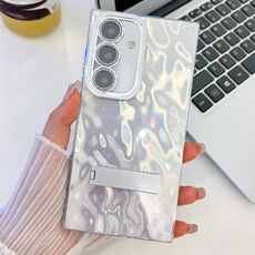 Per Samsung Galaxy S24 5G Placcatura Glitter Texture Fold Holder Custodia per telefono in TPU con pellicola per lenti (rughe bianche)