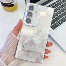 Per Samsung Galaxy S24 5G placcatura glitter texture pieghevole supporto TPU custodia per telefono con pellicola per lenti (texture stagnola bianca)