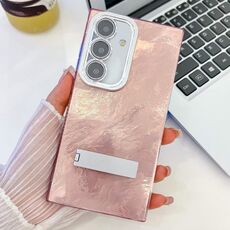Per Samsung Galaxy S24 5G placcatura glitter texture pieghevole supporto TPU custodia per telefono con pellicola per lenti (texture stagnola rosa)