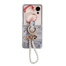 Custodia per telefono a copertura totale For Honor Magic V Flip Embroidery Style con catena ad anello (grigio)