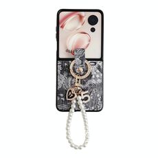 Custodia per telefono a copertura totale For Honor Magic V Flip Embroidery Style con catena ad anello (nero)
