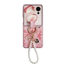 Custodia per telefono a copertura totale For Honor Magic V Flip Embroidery Style con catena ad anello (rosa)
