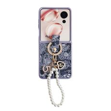 Custodia per telefono a copertura totale For Honor Magic V Flip Embroidery Style con catena ad anello (blu)