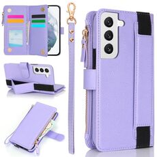 Per Samsung Galaxy S22+ 5G Custodia da polso con cerniera e RFID in pelle per telefono (viola)