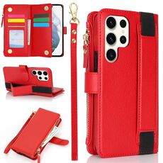 Per Samsung Galaxy S22 Ultra 5G Custodia da polso con cerniera RFID in pelle per telefono (rosso)
