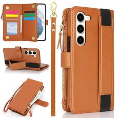 Per Samsung Galaxy S23 5G Custodia da polso con cerniera RFID in pelle per telefono (marrone)