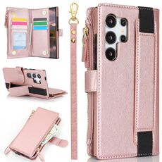 Per Samsung Galaxy S24 Ultra 5G Custodia da polso con cerniera RFID in pelle per telefono (oro rosa)