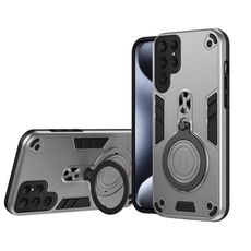Per Samsung Galaxy S24 Ultra 5G Custodia per telefono in TPU ibrido per PC con supporto girevole a 360 gradi e anello in metallo (grigio argento)