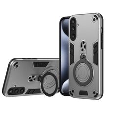Per Samsung Galaxy S23 FE 5G Custodia per telefono in TPU ibrido per PC con supporto girevole a 360 gradi e anello in metallo (grigio argento)
