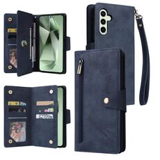 Per Samsung Galaxy S24 FE 5G Rivet Buckle 9 carte 3-Fold Wallet Custodia in pelle per telefono (blu)
