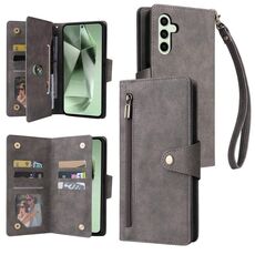 Per Samsung Galaxy S24 FE 5G Rivet Buckle 9 carte 3-Fold Wallet Custodia in pelle per telefono (grigio)