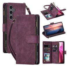 Per Samsung Galaxy S24 FE 5G Custodia per telefono in pelle con cerniera a tracolla multifunzionale (rosso vino)
