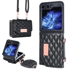 Per Samsung Galaxy Z Flip6 VIETAO Custodia per telefono in PU con texture rombica e cordino lungo (nero)