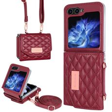 Per Samsung Galaxy Z Flip6 VIETAO Custodia per telefono in PU con texture rombica e cordino lungo (rosso)