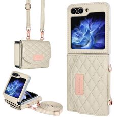 Per Samsung Galaxy Z Flip6 VIETAO Custodia per telefono in PU con texture rombica e cordino lungo (beige)