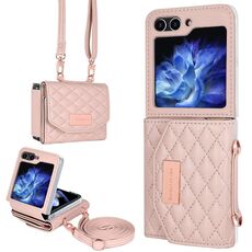 Per Samsung Galaxy Z Flip6 VIETAO Custodia per telefono in PU con texture rombica con cordino lungo (rosa)