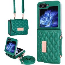 Per Samsung Galaxy Z Flip5 VIETAO Custodia per telefono in PU con texture rombica e cordino lungo (verde)