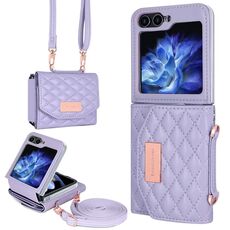 Per Samsung Galaxy Z Flip5 VIETAO Custodia per telefono in PU con texture rombica con cordino lungo (viola)