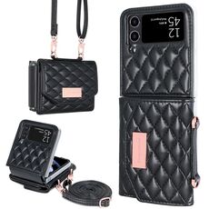 Per Samsung Galaxy Z Flip4 VIETAO Custodia per telefono in PU con texture rombica e cordino lungo (nero)