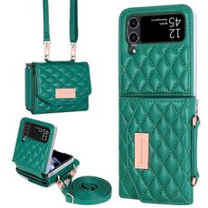 Per Samsung Galaxy Z Flip4 VIETAO Custodia per telefono in PU con texture rombica e cordino lungo (verde)