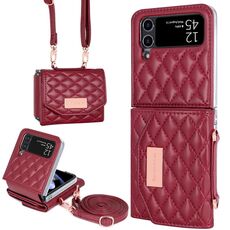 Per Samsung Galaxy Z Flip4 VIETAO Custodia per telefono in PU con texture rombica e cordino lungo (rosso)