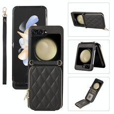 Per Samsung Galaxy Z Flip6 Custodia per telefono in pelle con cerniera completa rhombica (nero)