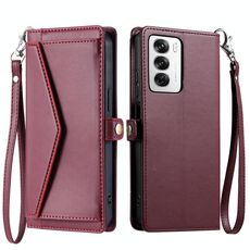 Per OPPO Reno12 5G Global Wallet Multi-card Slot Custodia in pelle per telefono con cordino (rosso vino)