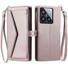 Per Xiaomi 14 Pro Portafoglio Multi-Slot per Carta Custodia per Telefono in Pelle con Lanyard (Oro Rosa)