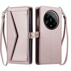 Per Xiaomi 14 Ultra 5G Portafoglio Multi-Slot per Scheda Custodia in Pelle per Telefono con Lanyard (Oro Rosa)