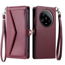 Per Xiaomi 14 Ultra 5G Portafoglio Multi-Slot per Scheda Custodia in Pelle per Telefono con Lanyard (Rosso Vino)