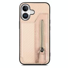 Per iPhone 16 Plus Custodia per telefono con cerniera a portafoglio orizzontale in fibra di carbonio (cachi)