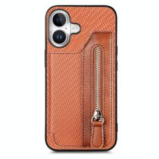 Per iPhone 16 Plus Custodia per telefono con cerniera a portafoglio orizzontale in fibra di carbonio (marrone)