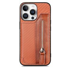 Per iPhone 16 Pro Custodia per telefono con cerniera a portafoglio orizzontale in fibra di carbonio (marrone)