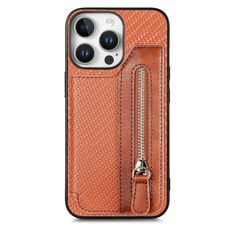 Per iPhone 16 Pro Max Custodia per telefono con cerniera a portafoglio orizzontale in fibra di carbonio (marrone)