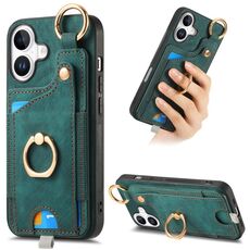 Per iPhone 16 Custodia per telefono con anello e anello per appendere, in stile retrò, in pelle (verde)