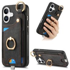 Per iPhone 16 Custodia per telefono con anello e anello per appendere, in stile retrò, con pelle (nero)