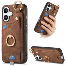 Per iPhone 16 Plus Custodia per telefono con anello e passante per appendere, effetto pelle retrò (marrone)