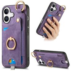 Per iPhone 16 Plus Custodia per telefono con anello in pelle retrò con passante per appendere (viola)