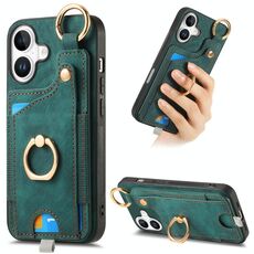 Per iPhone 16 Plus Custodia per telefono con anello e passante per appendere, effetto pelle retrò (verde)
